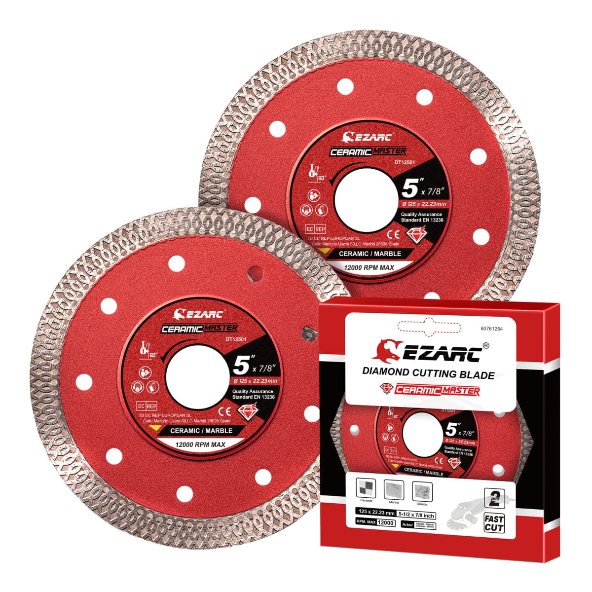 EZARC 5''/4.5'' Super Thin Diamond Blade 2Pcs for Porcelain/Ceramic/Granite/Marble, Smooth Cutting Wheel Disc for Angle Grinder