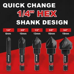 EZARC 5PCS Countersink Drill Bit Set for Metal, 1/4 Inch Hex Shank Countersunk Bits 82 Degree 5 Flute, 1/4” 3/8” 1/2” 5/8” 3