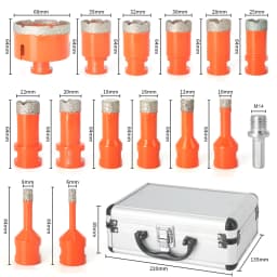 M14 Thread Diamond Dry Vacuum Brazed Drilling Core Drill Bits Set Porcelain Cup Saw Tiles Granite Marble Hole Saw Tools 15Pcs