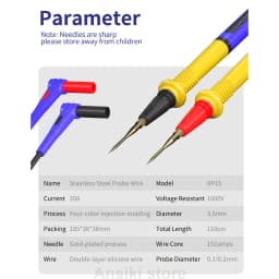 MECHANIC RP15 Multimeter Pen 1000V 20A Probes with Replaceable 0.1/0.2mm Needles Soft Silicone Wire for Electronic Repair