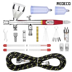 NEOECO NCT-SJ83RS1 Dual Action Airbrush 9cc 1/3 oz Fluid Cups Quick Remove Air Cap Nozzle Gravity Feed with Accessories