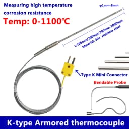 Armoured Thermocouple K Type Bendable Sensor Wire 1mm//2mm/3mm-8mm Dia 100/200/300mm WRNK-191 0-1100 Degree Temperature Sensor