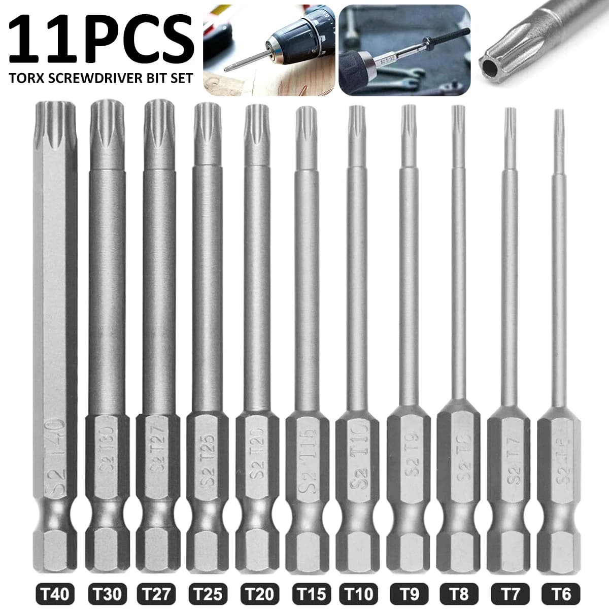 11Pcs Torx Screwdriver Bit Set 1/4 Inch Professional Magnetic Star S2 Steel Hex Shank Tough Torx Star Hex Security Security Set