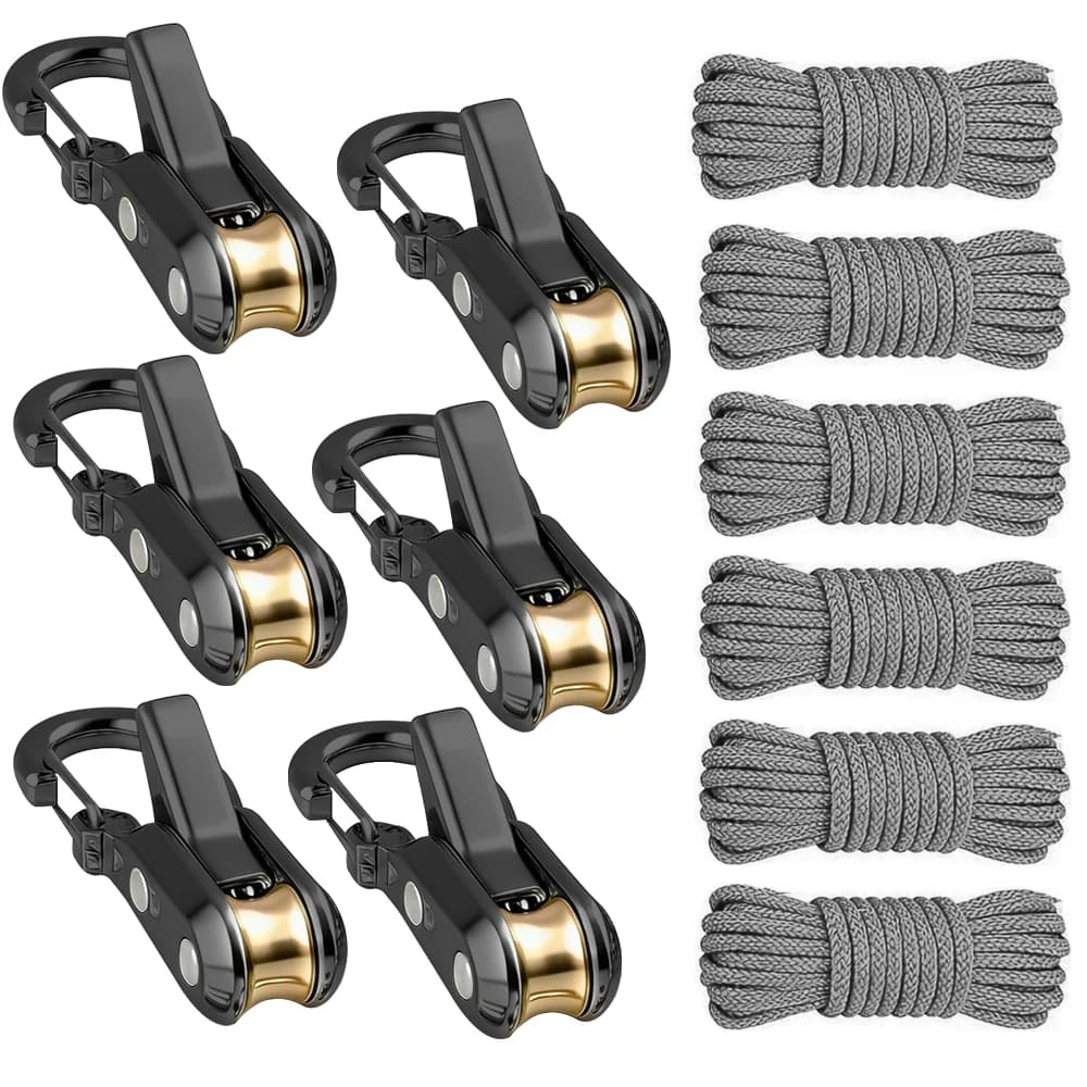 Rope Set with Roller Tensioner, Metal Pulley Camping Tent Securing Rope, Equipped with Safety Lock, Adjustable Rope Hook Fastene