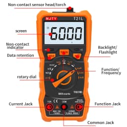 NJTY T21L Inductance Digital Multimeter 600μH-60H Range Duty Cycle 0.1-99% Temp DC AC Amp Voltage Resistance Capacitance NCV Hz