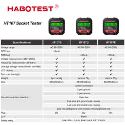 HT106 HT107 Socket Tester Pro Voltage Test Digital Outlet Socket Detect US/UK/EU Plug Ground Zero Line Plug Polarity Phase Check