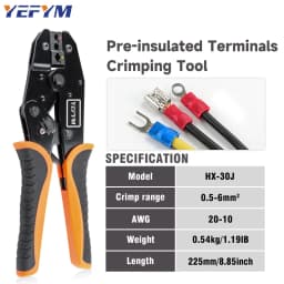 Crimping Tool for Insulated Terminals Wire AWG 20-10 (0.5-6mm²) RV/SV/FDD/MDD Connectors Ratchet Electrical Pliers HX-30J