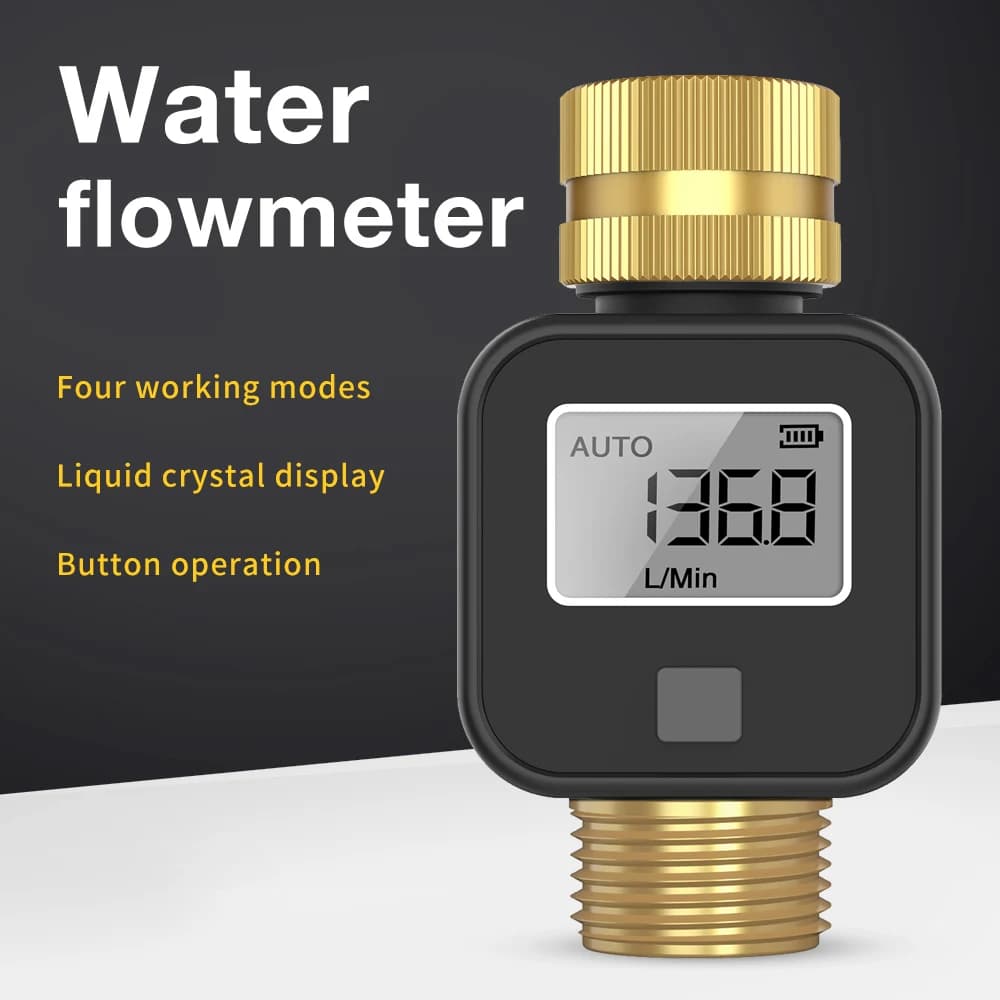 Digital Water Flow Meter Brass Inlet Outlet IPX5 Waterproof Water Consumption Test for Outdoor Garden Watering Irrigation Hose