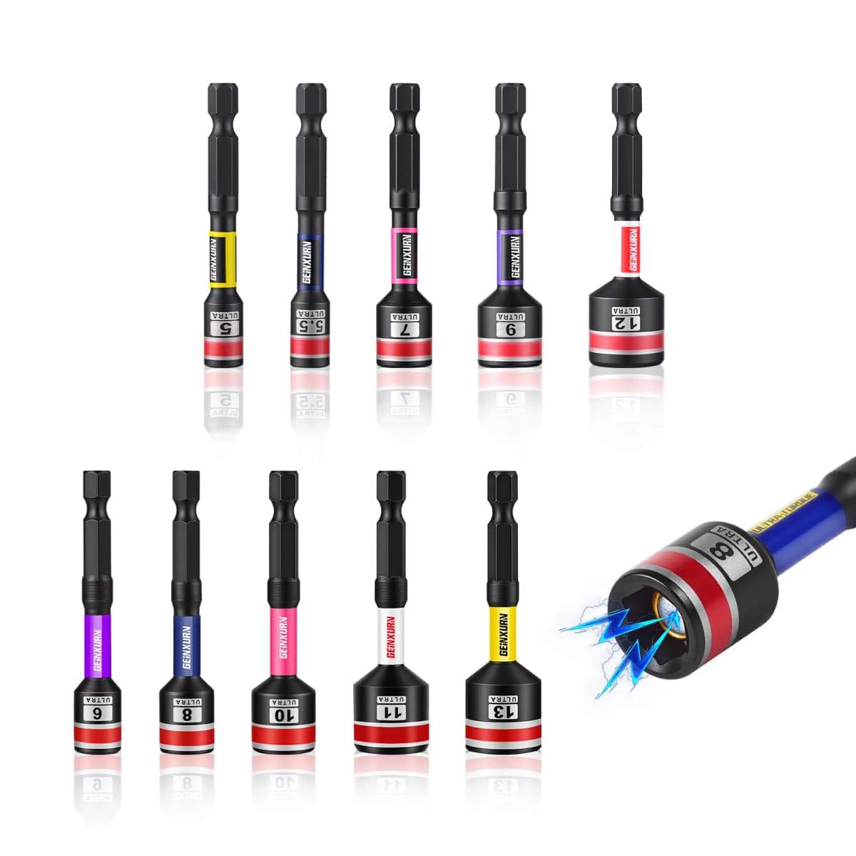 Geinxurn 2.6“/6" Nut Driver Set, Color Coded Strong Magnetic S2 Steel 1/4 Hex Shank Socket Bits Fit Drill Screwdriver For Repair