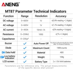 ANENG MT87 1999 Counts Clamp Multimeter AC/DC 600V Voltage 400A Current Resistance Tester with Data Hold Digital Clamp Meter