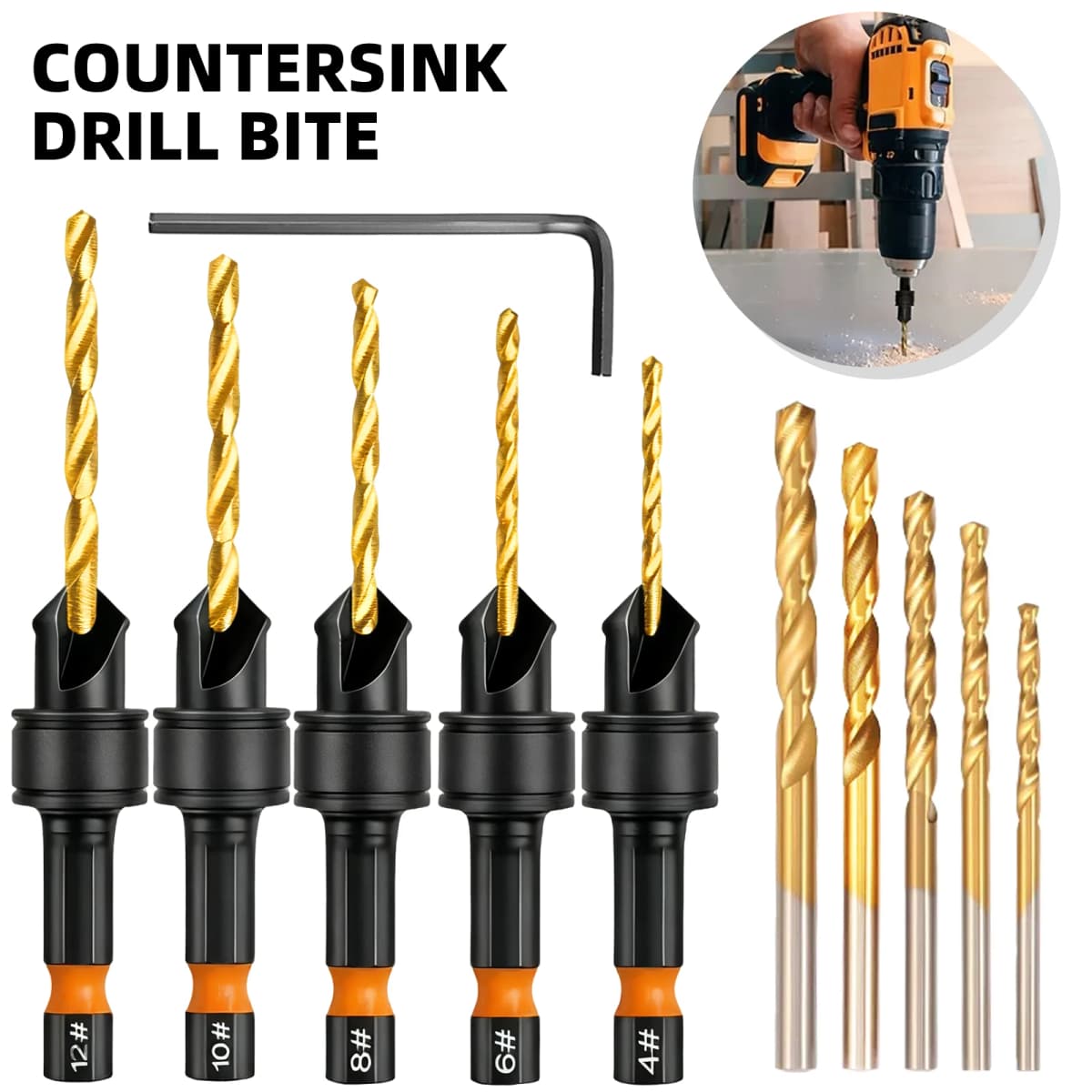 11pcs Countersink Drill Bit Set with L-Wrench - Includes #4, #6, #8, #10, #12 Sizes, Coated, for Woodworking
