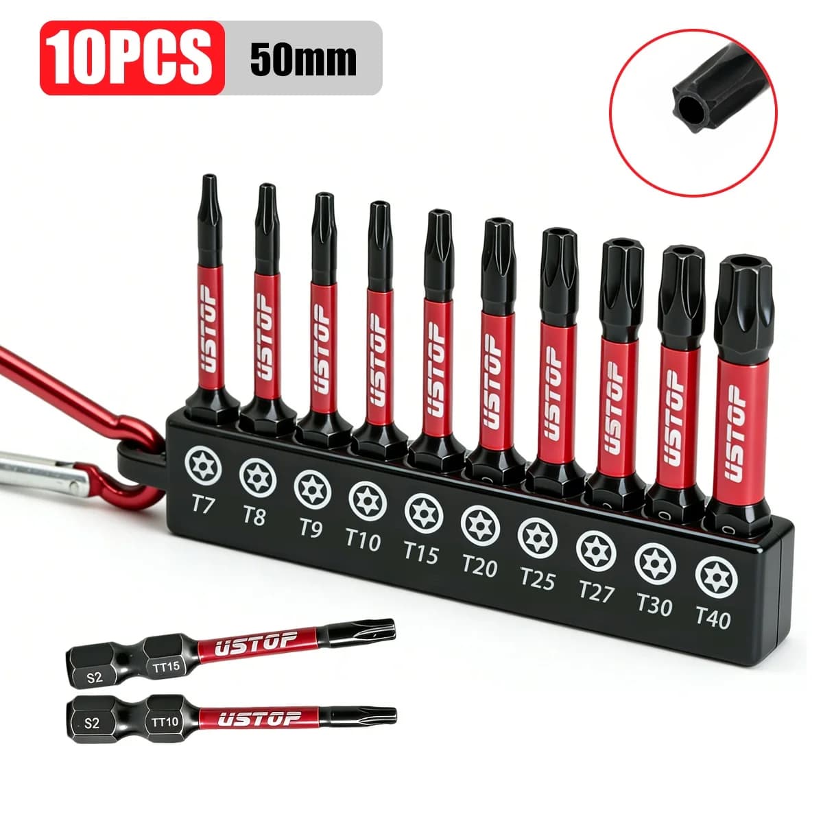 Ustop, 10-Piece Set of Anti-Tamper Star-Shaped Impact Bits with Carabiner Clip, Type Tt7-T40, 50mm Long, Magnetic Safety Torx Bits, S2 Steel Material, Compatible with Electric Drills and Screwdrivers