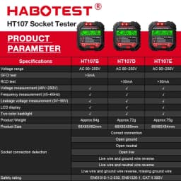 HABOTEST HT107 Pro Socket Tester Voltage Test Socket Detector EU Plug Ground Zero Line Plug Polarity Phase Check