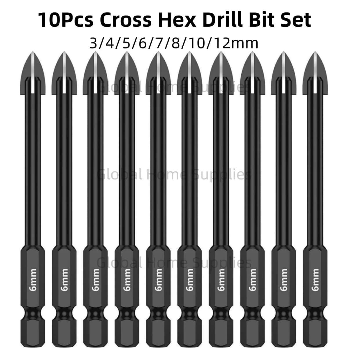 10Pcs 3/4/5/6/7/8/10/12mm Cross Hex Drill Bit Set for Tile Porcelain Glass Mirror Multifunction Tile Porcelain Carbide Drills
