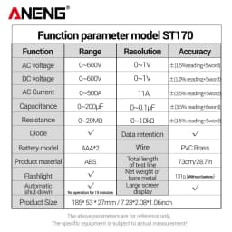 ANENG ST170 Clamp Meter Digital Multimeter Tester 1999 Counts AC/DC Voltage Ammeter Tester Car Amp Hz Capacitance NCV Ohm Test