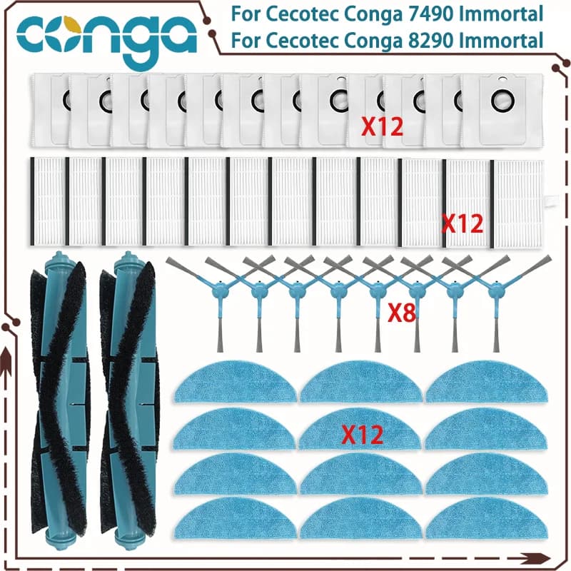 Compatible For Cecotec Conga 7490 Immortal / 8290 Immortal Ultra Power Genesis X-Treme Parts Main Side Brush Filter Mop Dust Bag