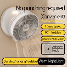 2024 New Style Small Portable Fan Rechargeable Wall Mounted Fan 90° Foldable Desktop Fan 4 Gears With Warm Night Light