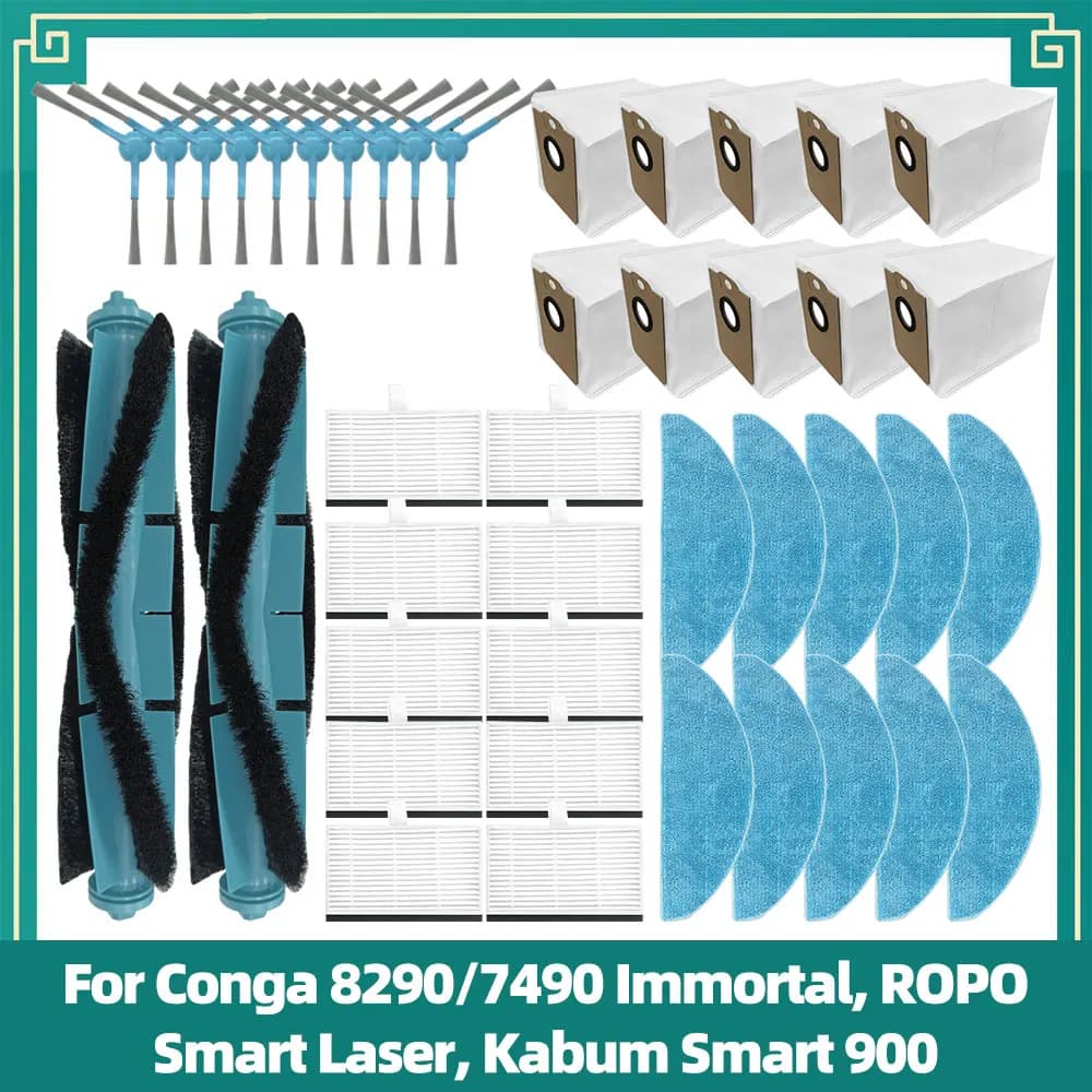 Replacement Parts Fit for Conga 8290/7490 Immortal, ROPO Smart Laser, Kabum Smart 900 Roller Side Brush Filter Mop Dust Bag