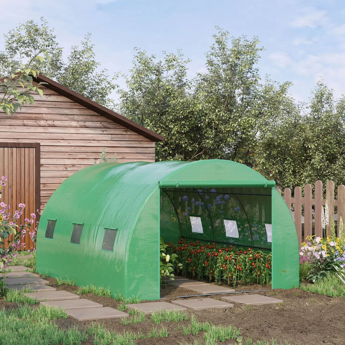 Walk-In Tunnel Greenhouse W/ Pe Cover, Zipper Door & Roll up Window, Green