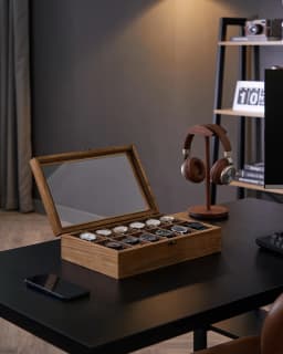 SONGMICS Watch Box with 12 Slots, Watch Case, Solid Wood Watch Box Organiser with Large Glass Lid, Watch Display Box