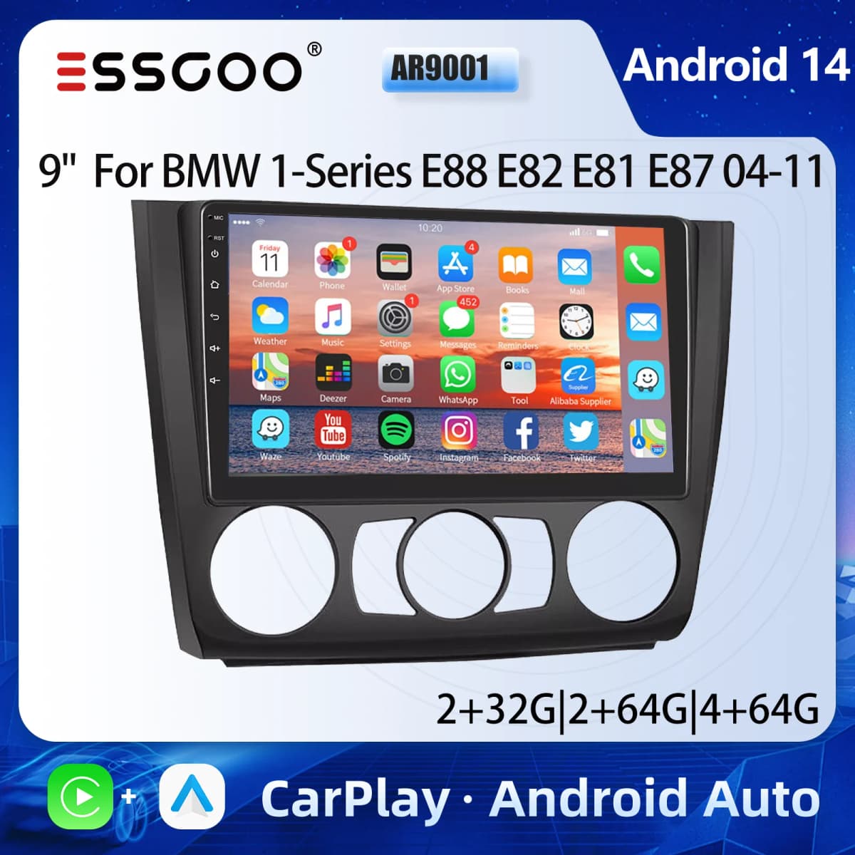 ESSGOO Android 14 9" Wireless Carplay Android Auto For BMW 1-Series E88 E82 E81 E87 2004-11 Car Radio Multimedia Player GPS Navi