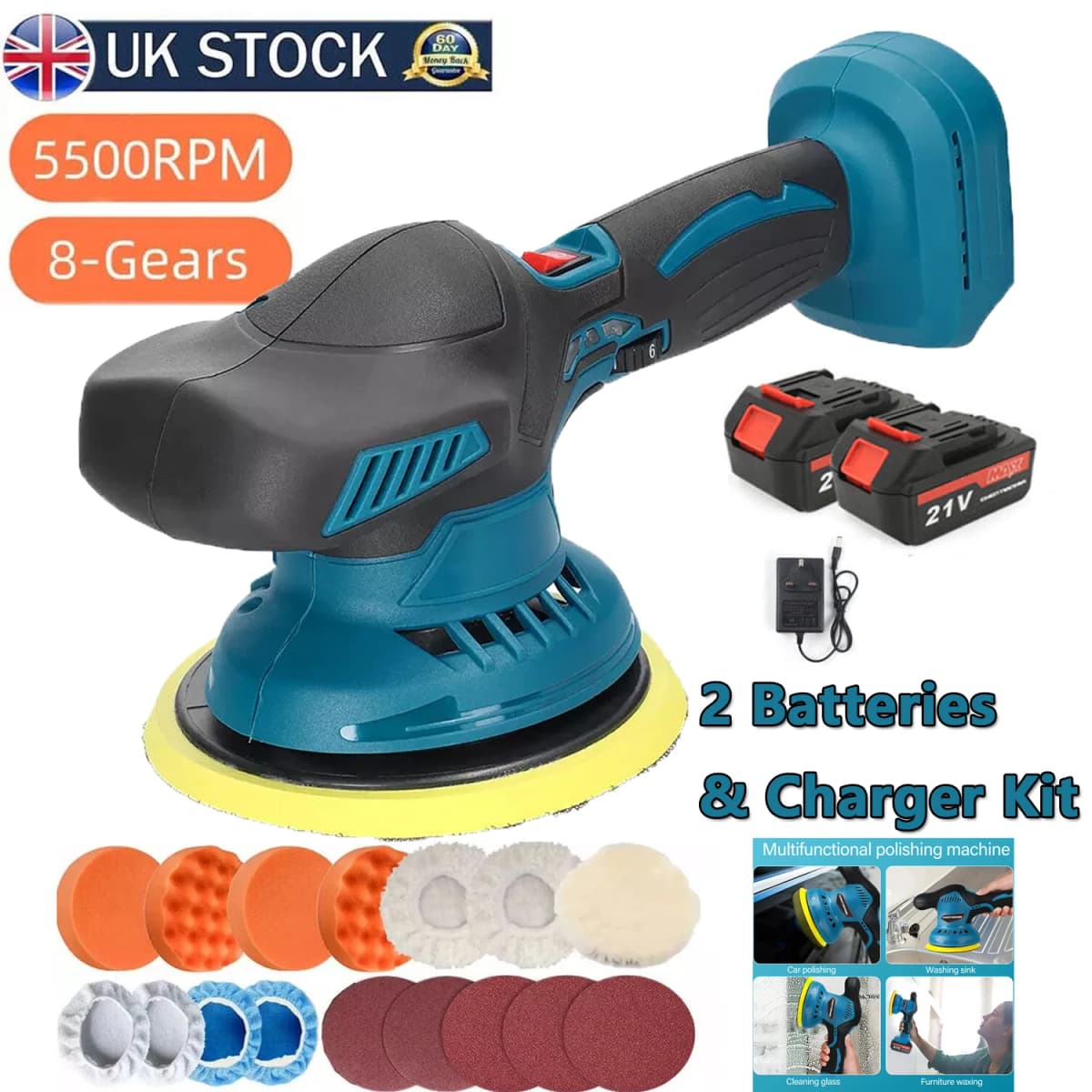 1/2 Battery Cordless Car Polisher Buffer 21V Sander 8 Speed Polishing Machine