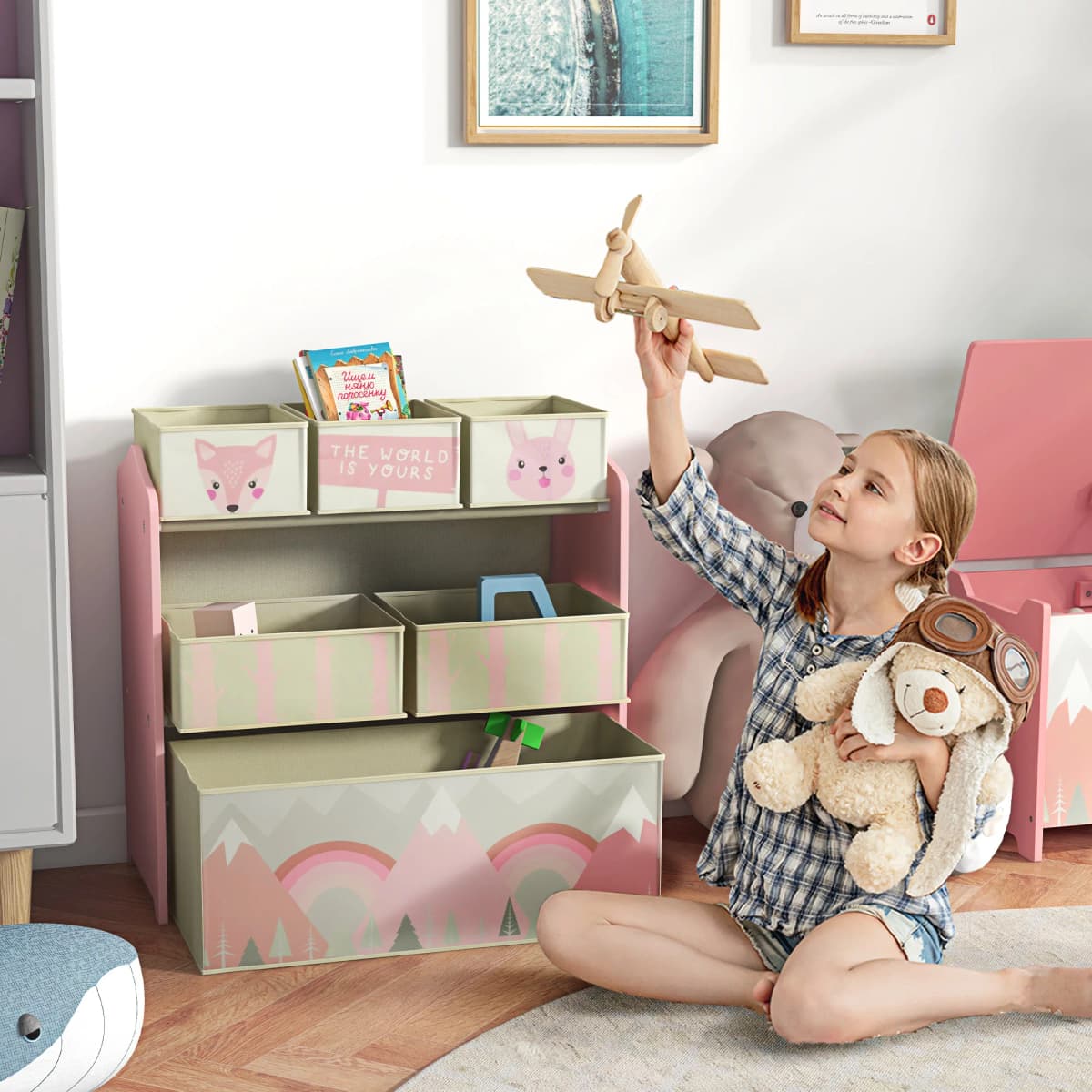 ZONEKIZ Kids Storage Unit, Childrens Toy Storage Organiser, with 6 Fabric Bins, for Bedroom, Nursery, 63 x 30 x 66cm