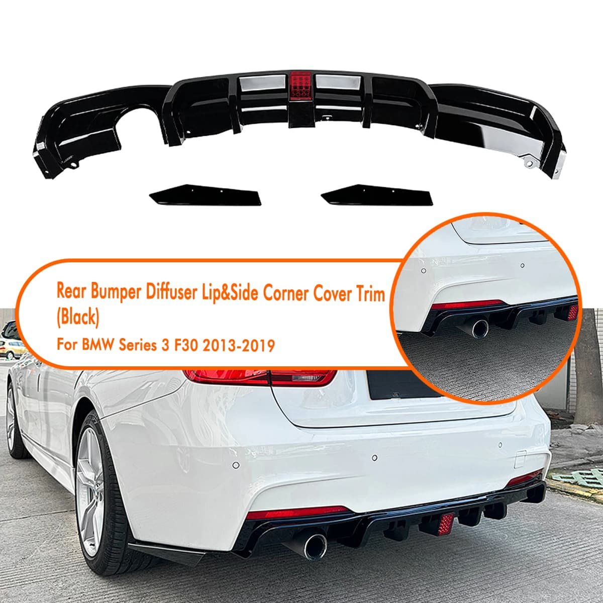 Rear Bumper Diffuser Lip with Light Single Muffler Single Out For BMW F30 3-Series M-Sport 2013-2019