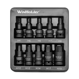 WinHolder 10PCS 1/2 Drive Impact Hex Socket Set H4, H5, H6, H7, H8, H10, H12, H14, H17 & H19 European Style Allen Key CR-V Steel