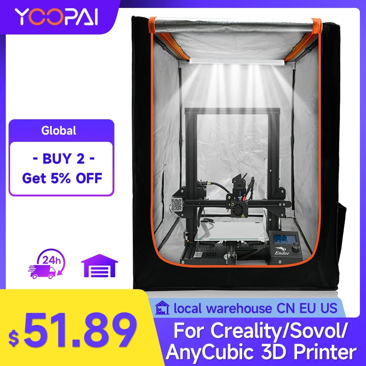 YOOPAI 3D Printer Enclosure with LED Light for Creality Ender Series Fireproof Dustproof Constant Temperature Easy Install