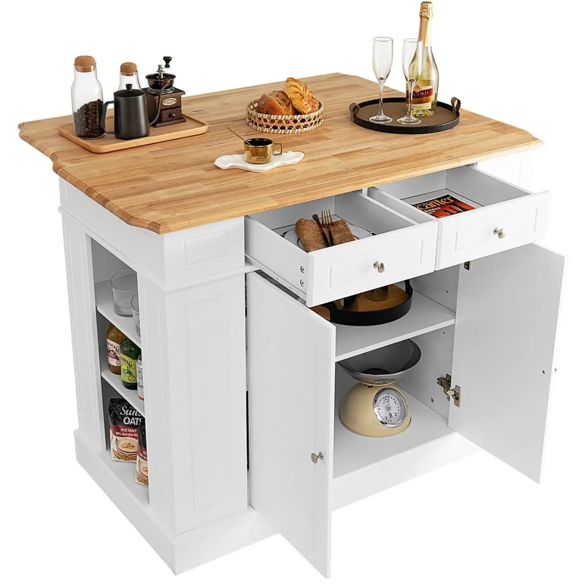 GOFLAME Kitchen Island Storage Cupboard W/Drop Leaf Countertop Side Racks 2-Door Cabinet