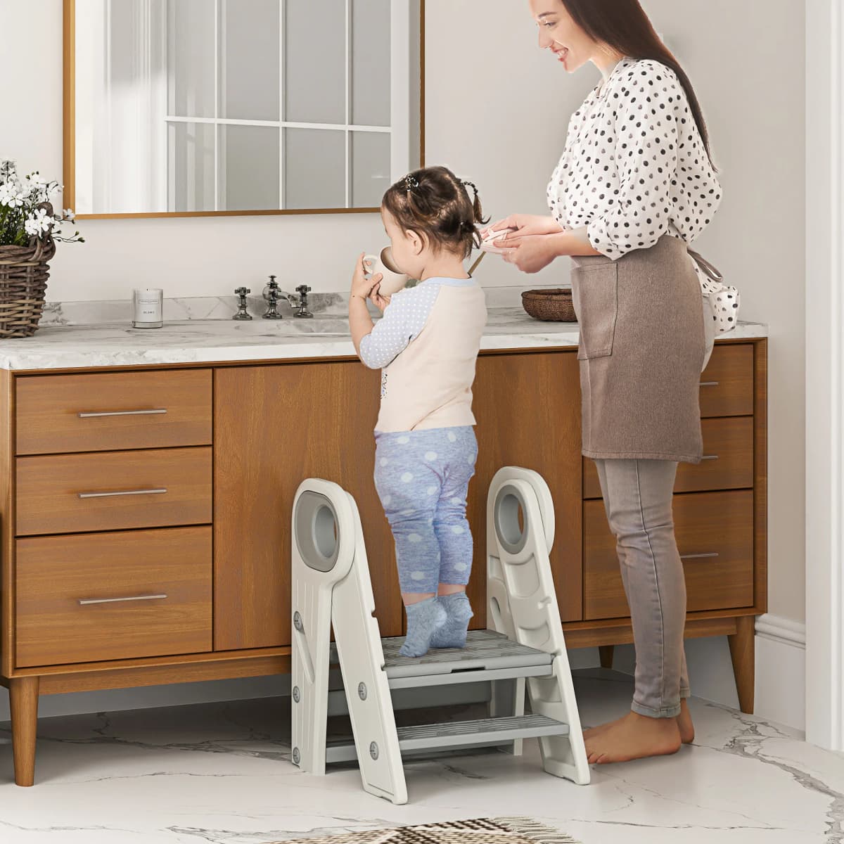 AIYAPLAY Foldable and Adjustable Kids Step Stool with Handle, Non-Slip for Kitchen, Counter, Toilet Potty Training, Grey