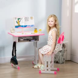 HOMCOM Kids Desk and Chair Set Adjustable Height Drawer Book Stand Pink