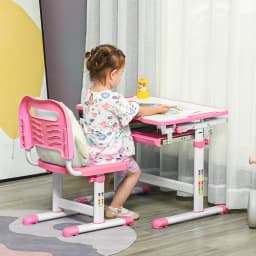 HOMCOM Kids Desk and Chair Set, Height Adjustable Student Writing Desk with Tiltable Desktop, Drawer, Pen Slot, Hook