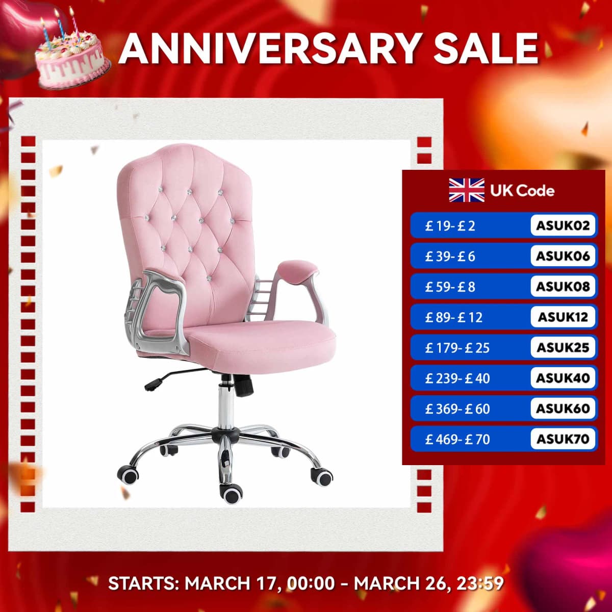 Vinsetto Home Office Chair with Adjustable Height Tilt Function Pink