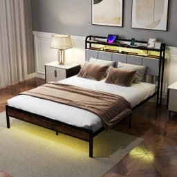 GOFLAME King Size Bed Frame w/ LED Light & Charging Station-Brown