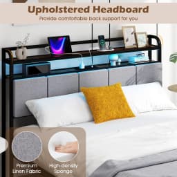 GOFLAME King Size Bed Frame w/ LED Light & Charging Station-Brown