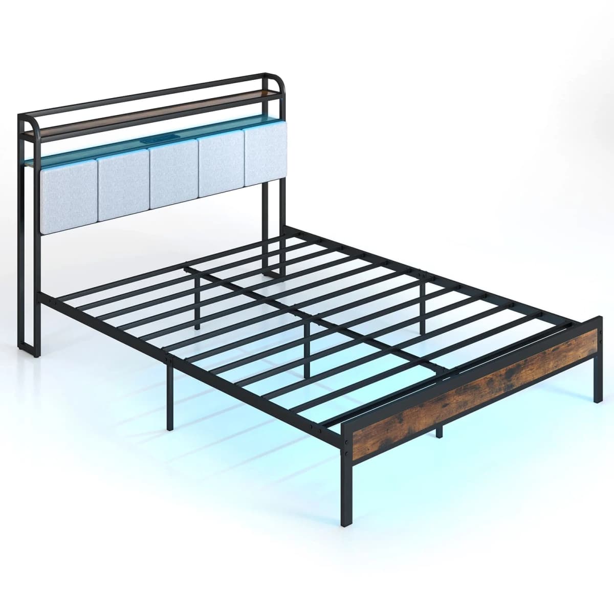GOFLAME King Size Bed Frame w/ LED Light & Charging Station-Brown