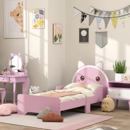 ZONEKIZ Toddler Bed Frame, Kids Bed Cat Design Princess Bed with Guardrails, for 3-6 Years Old, 143L x 74W x 72Hcm - Pink