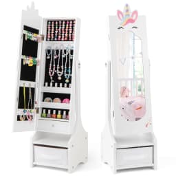 GOFLAME Kids Jewelry Cabinet Standing Children Jewelry Organizer w/Drawer-White
