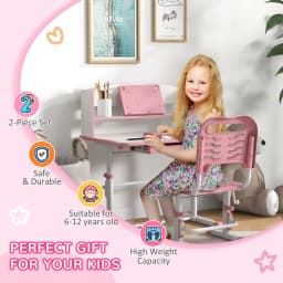 ZONEKIZ Kids Study Desk and Chair Set with Drawer, Bookshelf, Adjustable Angle, Non-slip Mat, for Ages 6-12 Years