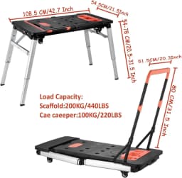 7-in-1 Portable Workbench Folding Sawhorse Work Table w/ 4 Wheels Multifunctional Folding Work Table, Load Capacity 440lbs/200kg