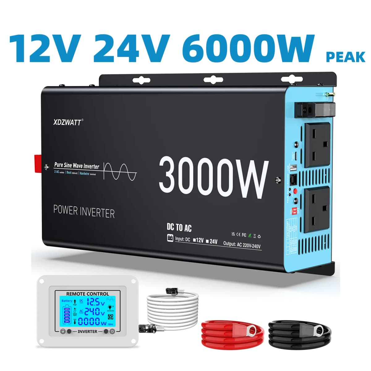 U.K Plug Pure Sine Wave Power Inverter 3000W 6000W DC 12V To AC 240V Solar Panel Car RV Camping LCD Display Remote Control