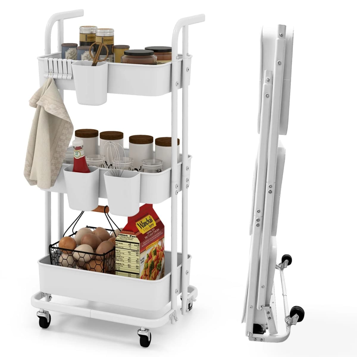 GOFLAME 3-Tier Rolling Cart Folding Storage Cart w/3 Hanging Cups&6 Hooks-White