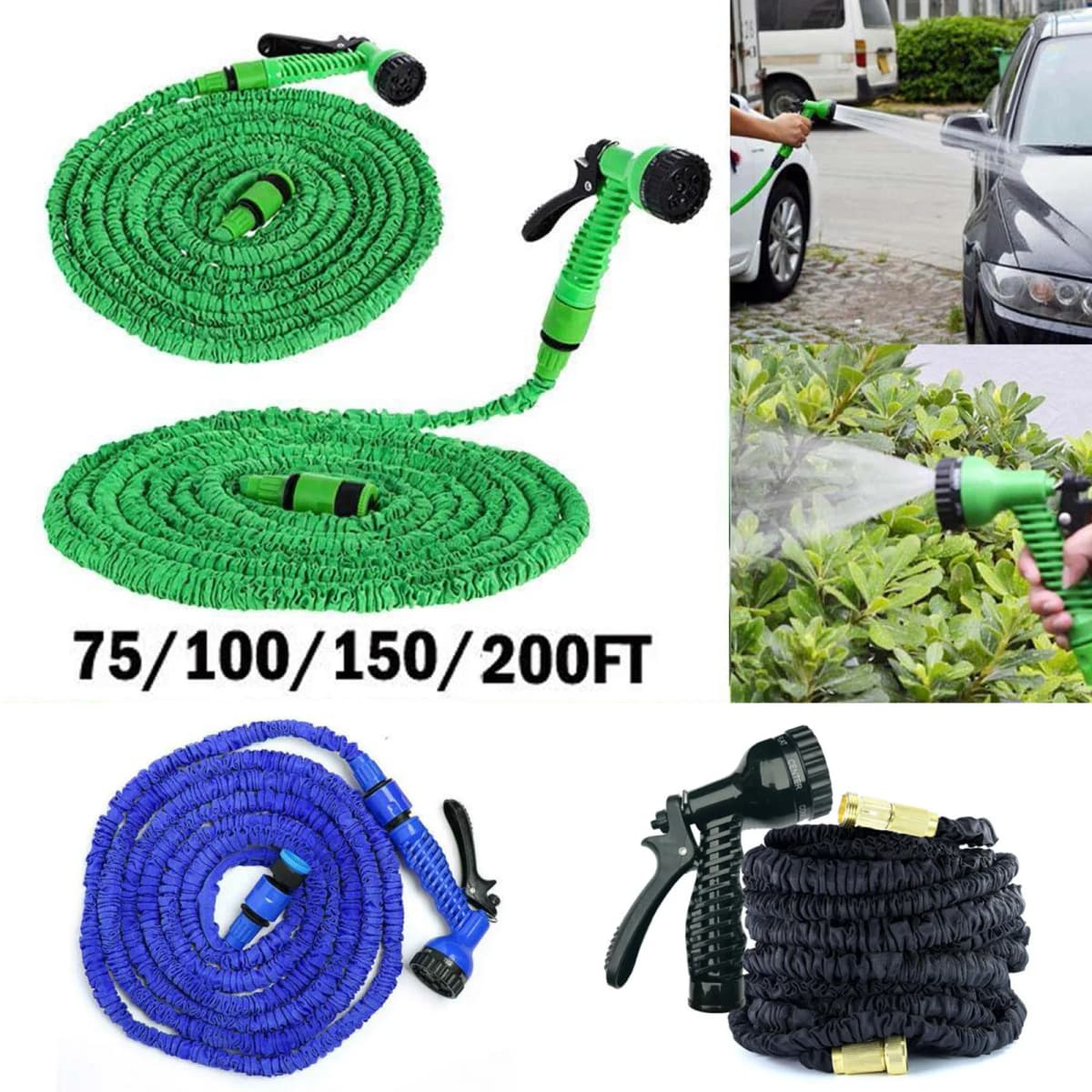 Garden Hose Pipe 75FT/100FT/150FT/200FT Expandable Garden Hosepipe Strongest Double Latex Inner Tube with 7 Function Spray Gun