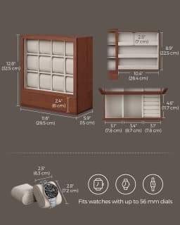 SONGMICS 12-Slot Wooden Watch Box, Watch Display Case with Window, Watch Display Cabinet with Solid Wood Veneer