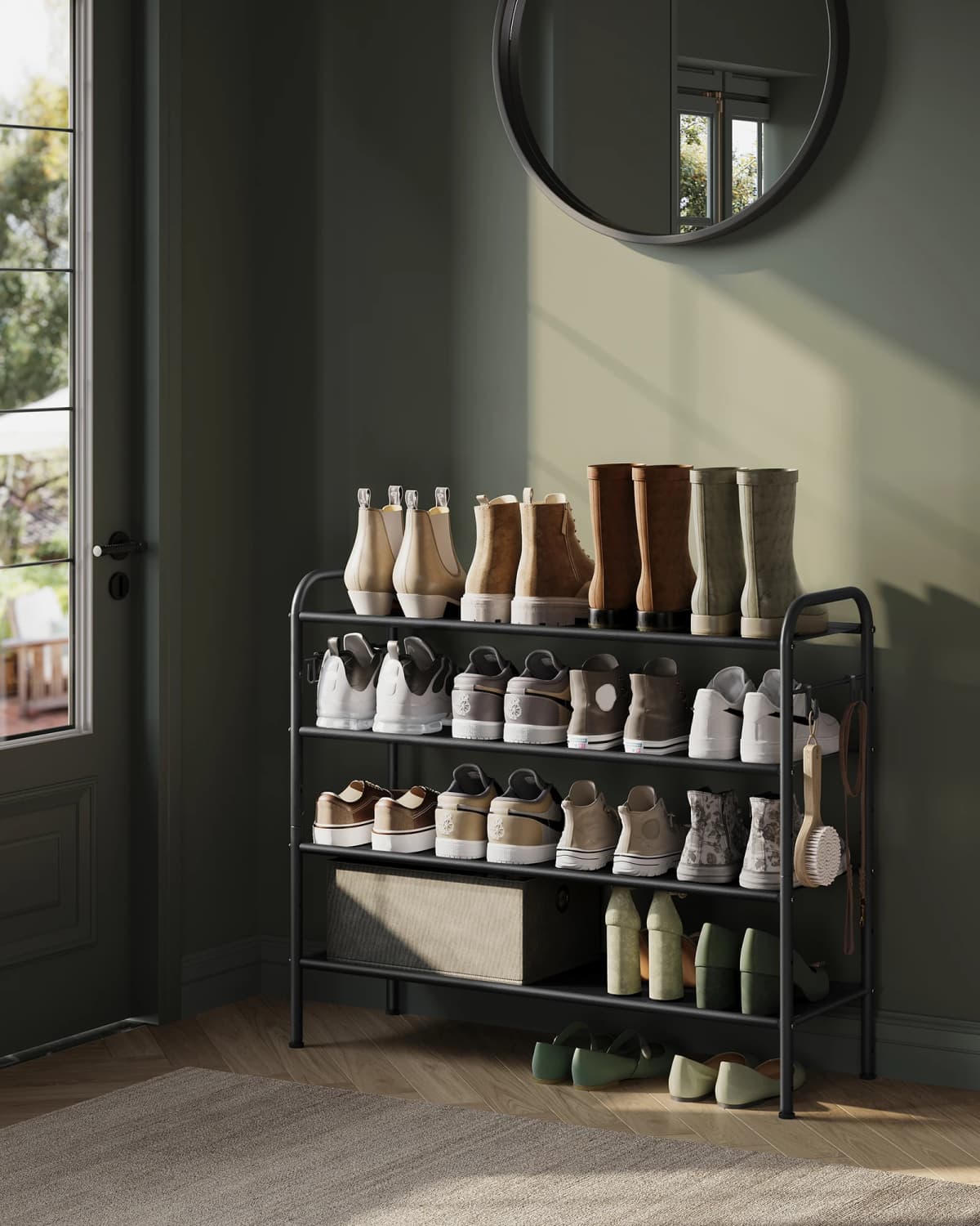 SONGMICS Shoe Rack, 4-Tier Shoe Organiser, Fabric Shoe Shelf Storage with 4 Hooks, Holds up to 20 Pairs of Shoes