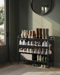 SONGMICS Shoe Rack, 4-Tier Shoe Organiser, Fabric Shoe Shelf Storage with 4 Hooks, Holds up to 20 Pairs of Shoes
