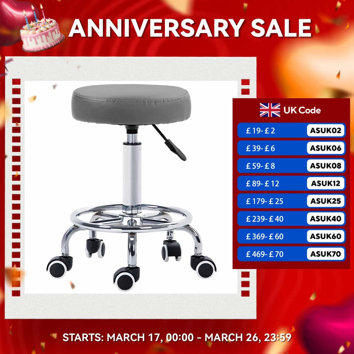 Vinsetto Round PU leather Salon Beautician Stool Adjustable Height w/ Footrest