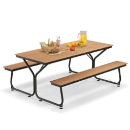 GOFLAME 183CM Picnic Table Bench Set Outdoor Dining Table & 2 Benches Umbrella Hole